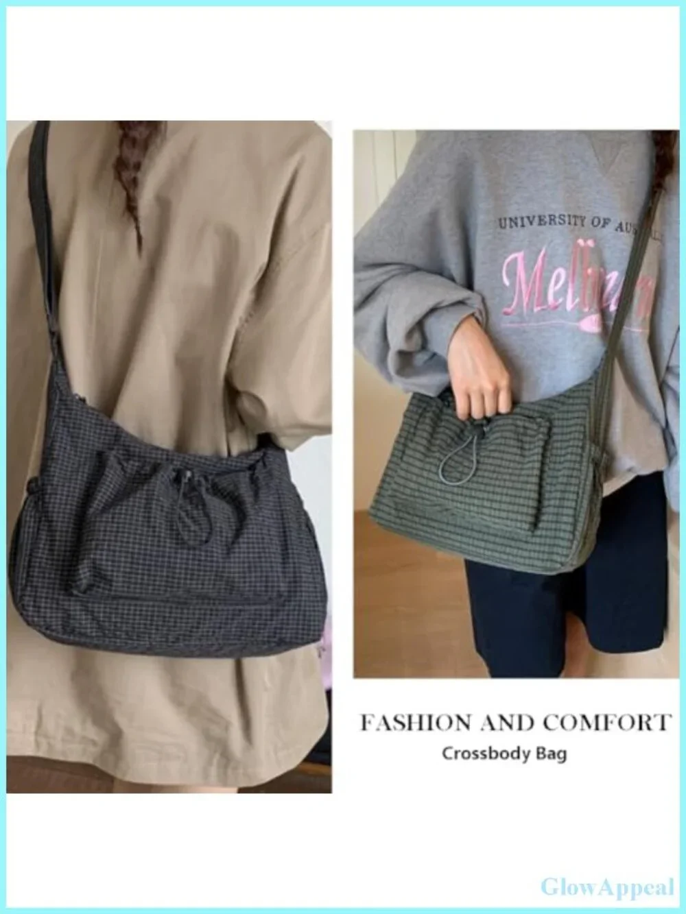 Nylon Hobo Bag Lightweight Plaid Messenger Drawstring Crossbody Shoulder Handbag